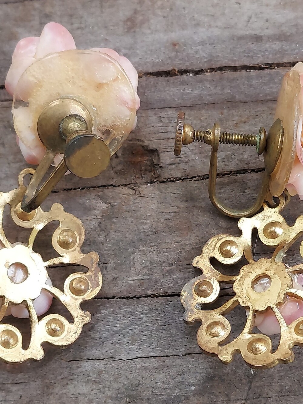 Vintage Pink Rose Cluster Drop Clip Earrings - Gold Tone - Picture 5 of 5
